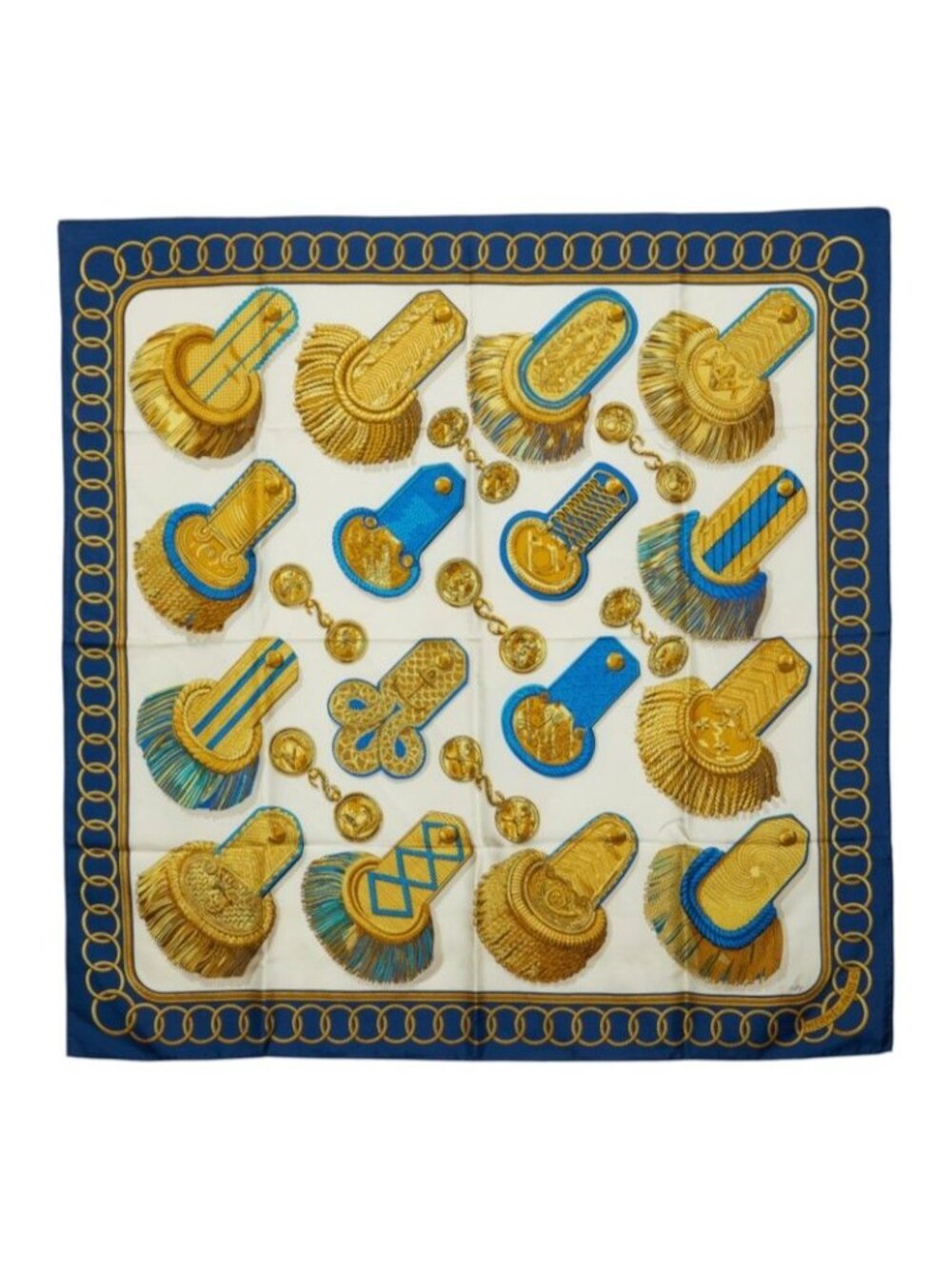 Hermes Carre 90 Ceremony Shoulder Epaulettes Scarf Large White Gold Blue